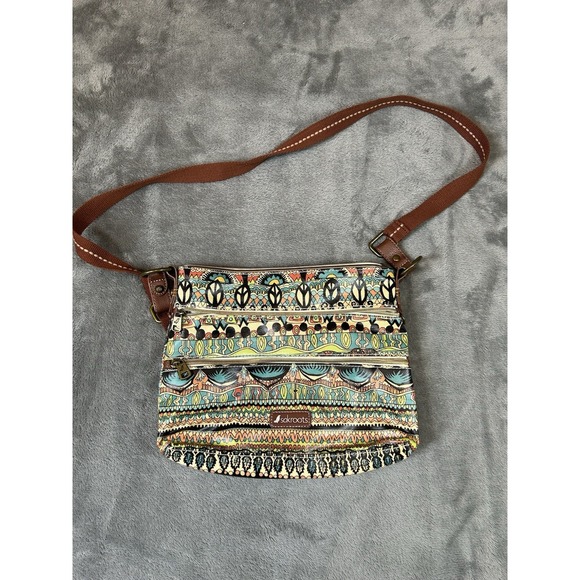 The Sak Handbags - Sakroots Purse Crossbody Strap Peace Sign Multicolor Design Pockets *READ